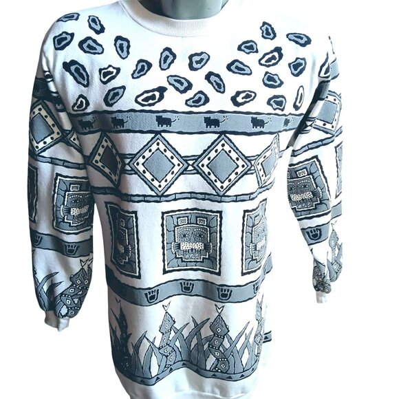 Vintage Womens SweatShirt Large 1980s Puff AOP Aztec Mayan Cats T-shirt  Scarab - Picture 1 of 6